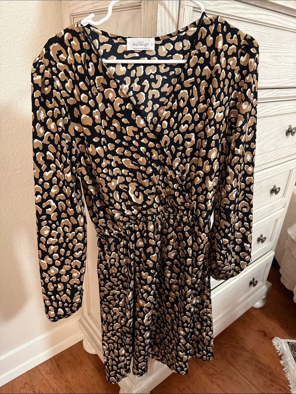 Kaileigh Black and Tan Leopard Print Long Sleeve Wrap Dress
